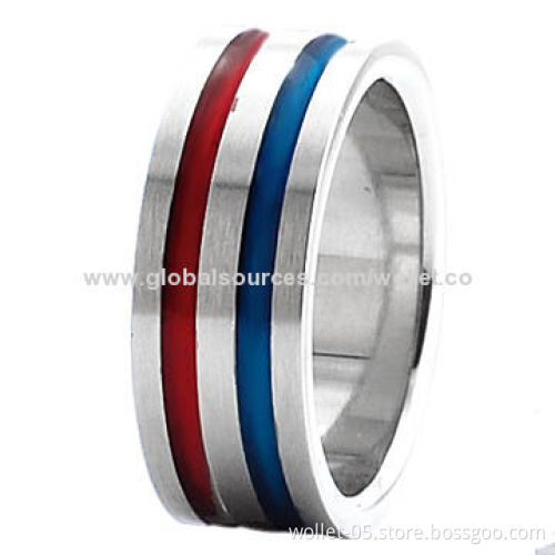 Wholesale Ring with High-polished Finish, Made of 316L Stainless Steel, Red and Blue Plating
